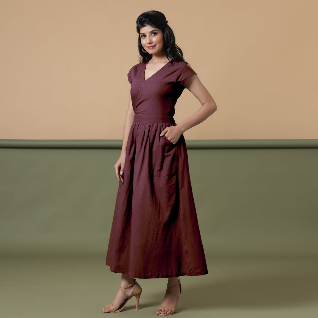 Maroon Cotton V-Neck Maxi Wrap Dress