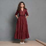 Maroon Hand-Beaded Handspun Cotton Boho Maxi Dress