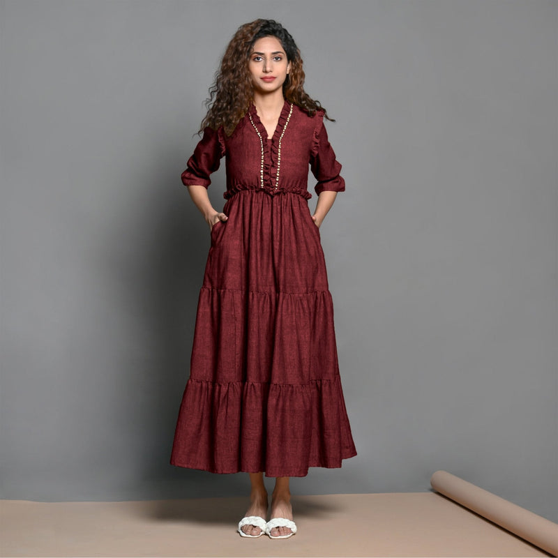 Maroon Hand-Beaded Handspun Cotton Boho Maxi Dress