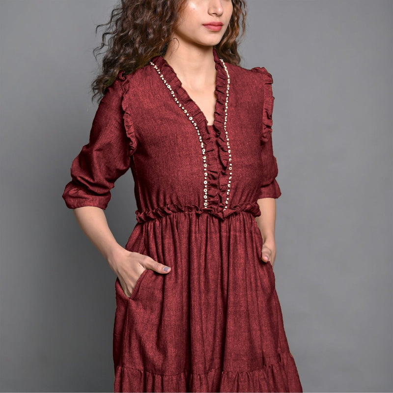 Maroon Hand-Beaded Handspun Cotton Boho Maxi Dress