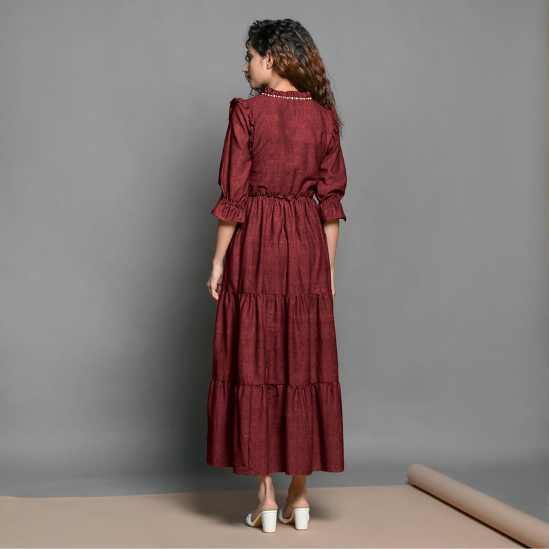 Maroon Hand-Beaded Handspun Cotton Boho Maxi Dress