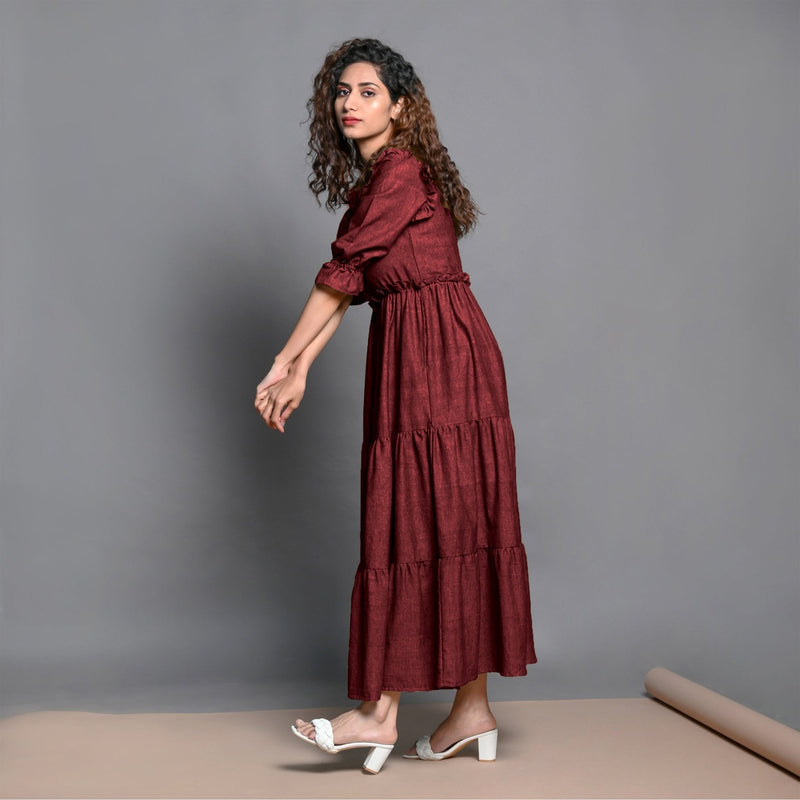 Maroon Hand-Beaded Handspun Cotton Boho Maxi Dress