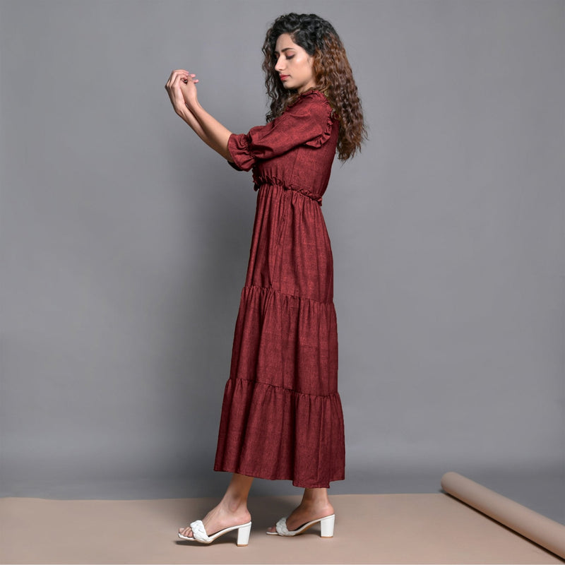 Maroon Hand-Beaded Handspun Cotton Boho Maxi Dress