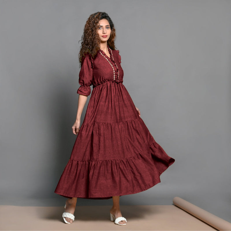 Maroon Hand-Beaded Handspun Cotton Boho Maxi Dress