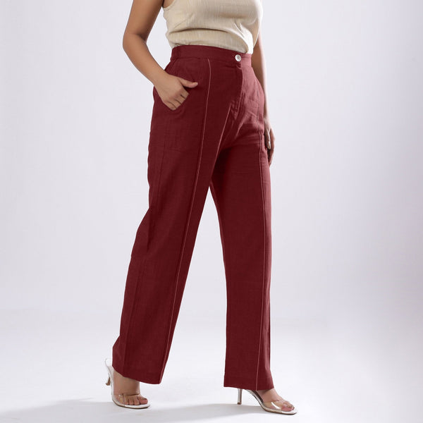 Maroon Handspun 100% Cotton Mid-Rise Elasticated Pant