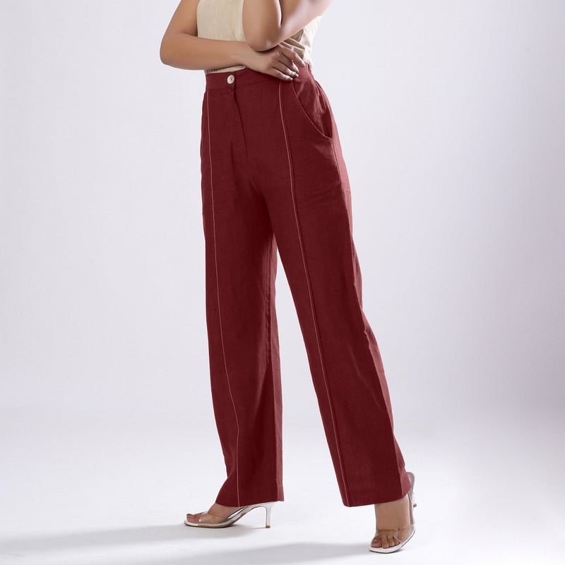 Maroon Handspun 100% Cotton Mid-Rise Elasticated Pant