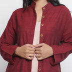 Front Detail of a Model wearing Maroon Handspun Cotton Double Placket Button-Down Jacket