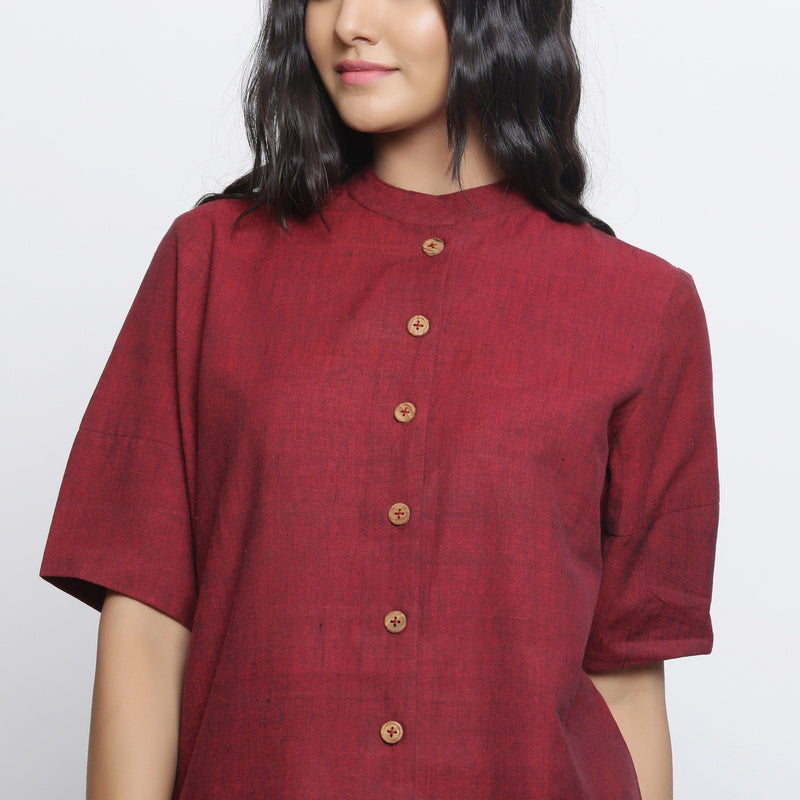 Front Detail of a Model wearing Maroon Handspun Cotton Button-Down Top