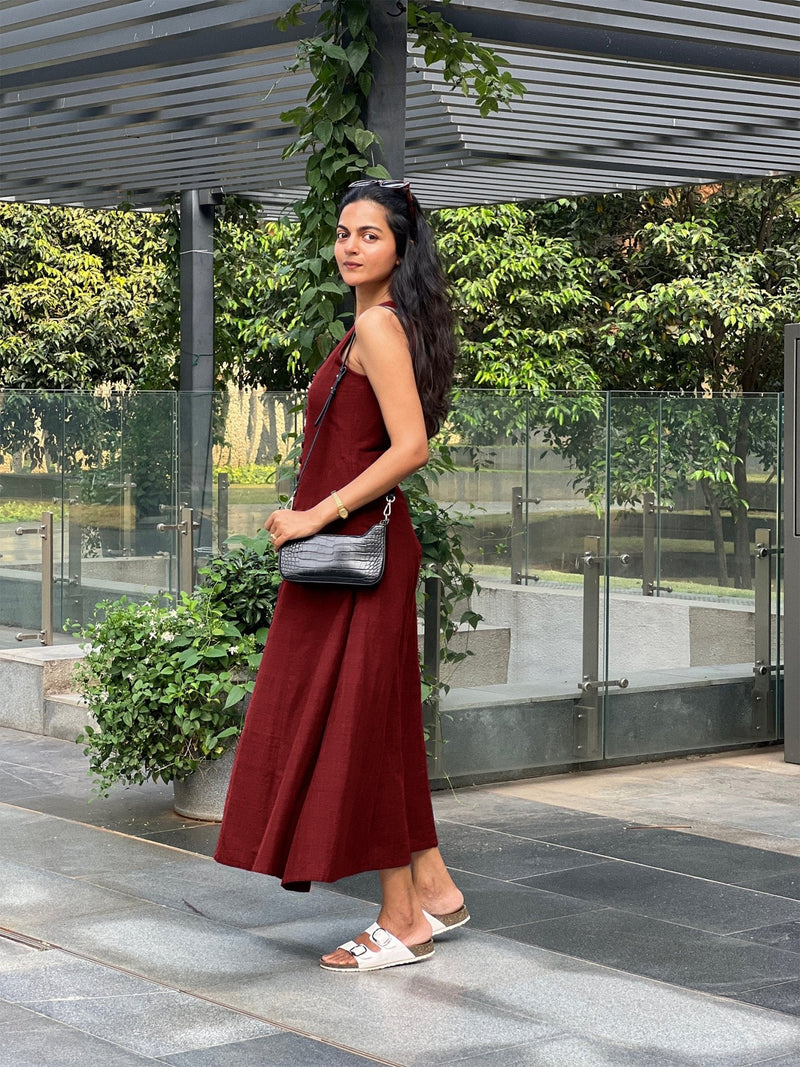 Maroon Handspun Cotton A-Line Front Slit Maxi Dress