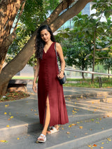 Maroon Handspun Cotton A-Line Front Slit Maxi Dress