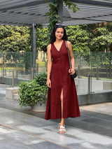 Maroon Handspun Cotton A-Line Front Slit Maxi Dress