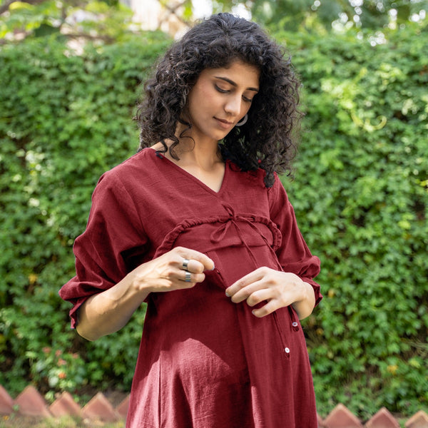 Maroon Handspun Cotton A-Line Knee Length Pre and Post Maternity Dress