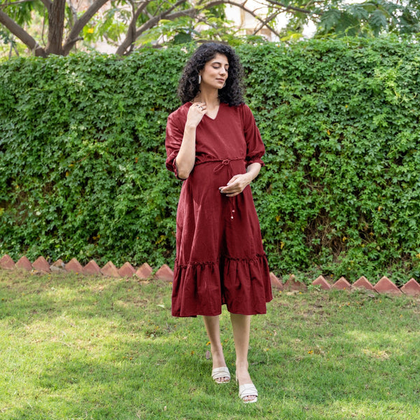 Maroon Handspun Cotton A-Line Knee Length Pre and Post Maternity Dress