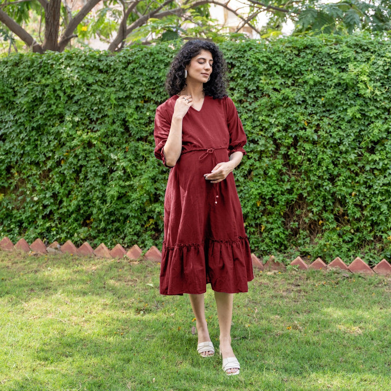 Maroon Handspun Cotton A-Line Knee Length Pre and Post Maternity Dress