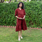 Maroon Handspun Cotton A-Line Knee Length Pre and Post Maternity Dress