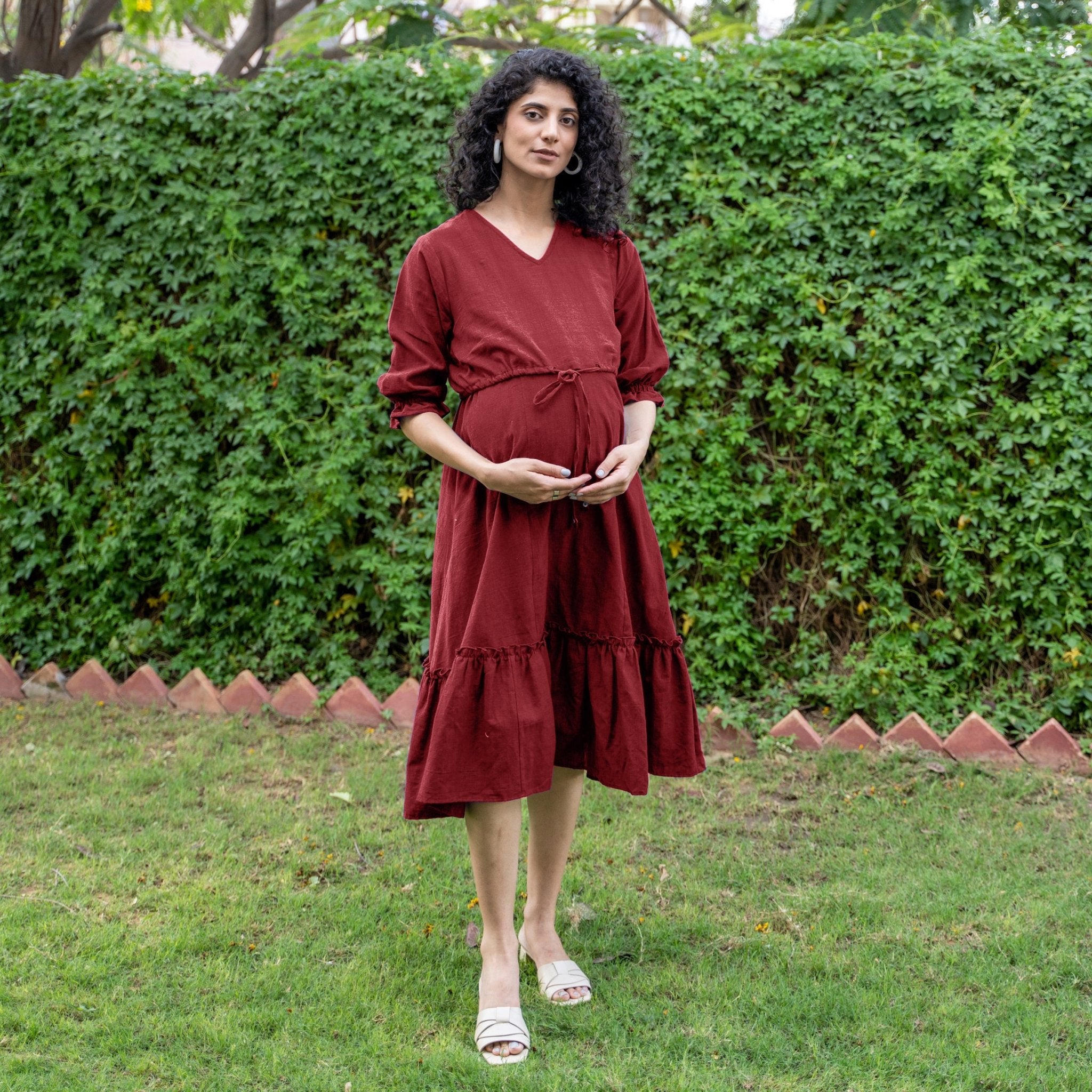 Maroon Handspun Cotton A-Line Knee Length Pre and Post Maternity Dress