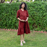 Maroon Handspun Cotton A-Line Knee Length Pre and Post Maternity Dress