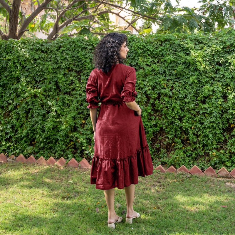 Maroon Handspun Cotton A-Line Knee Length Pre and Post Maternity Dress