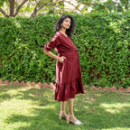 Maroon Handspun Cotton A-Line Knee Length Pre and Post Maternity Dress