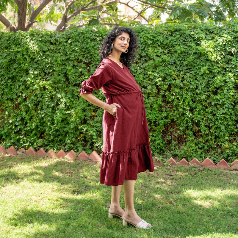 Maroon Handspun Cotton A-Line Knee Length Pre and Post Maternity Dress