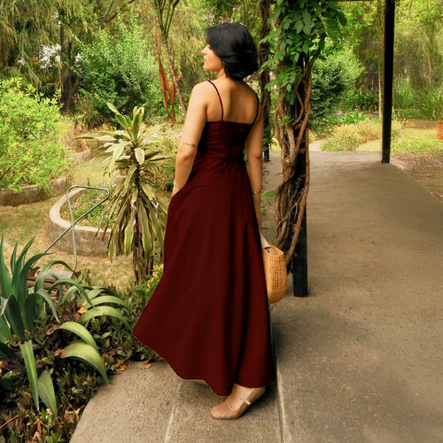 Maroon Handspun Cotton Ankle Length Flared Sundress