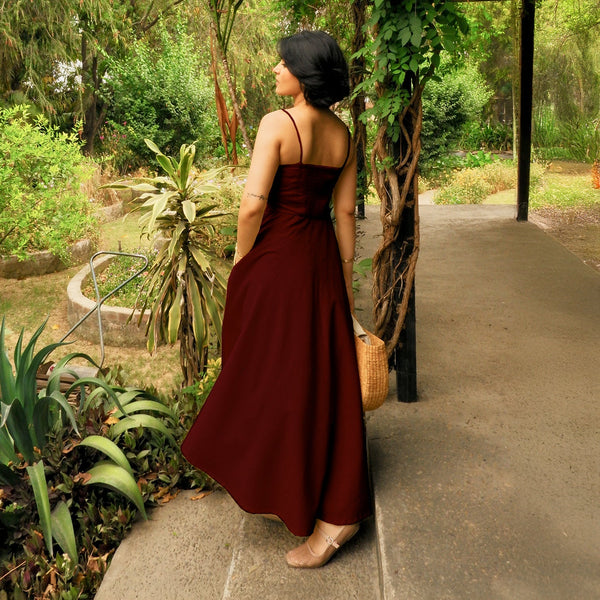 Maroon Handspun Cotton Ankle Length Flared Sundress