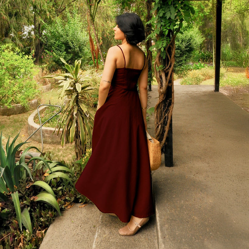 Maroon Handspun Cotton Ankle Length Flared Sundress