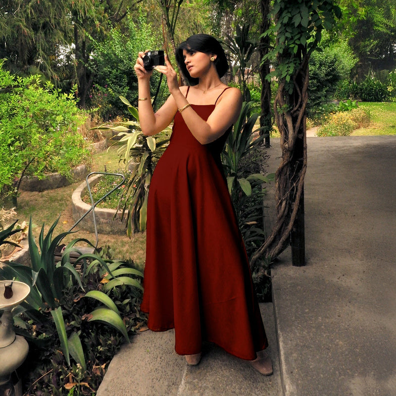 Maroon Handspun Cotton Ankle Length Flared Sundress
