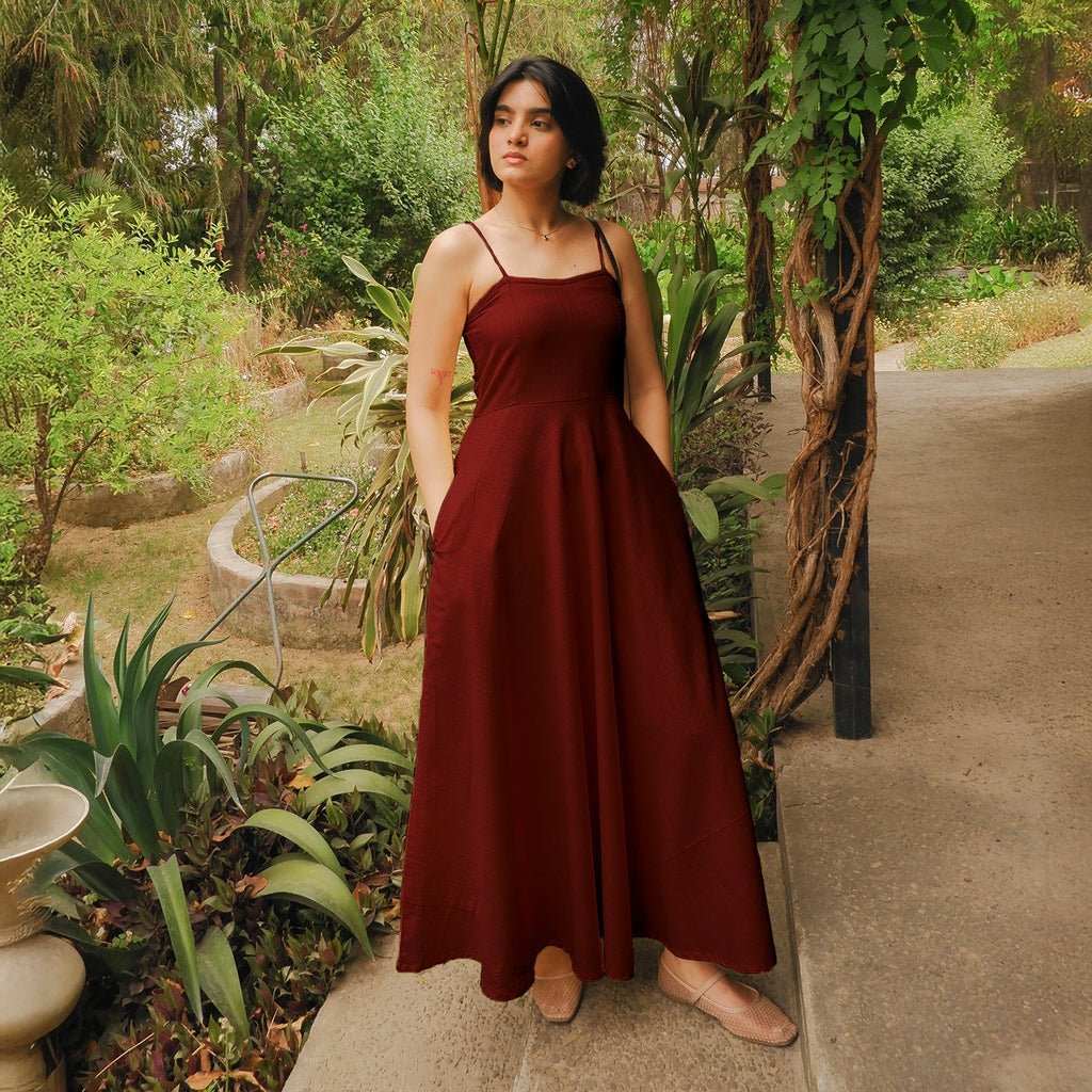 Maroon Handspun Cotton Ankle Length Flared Sundress