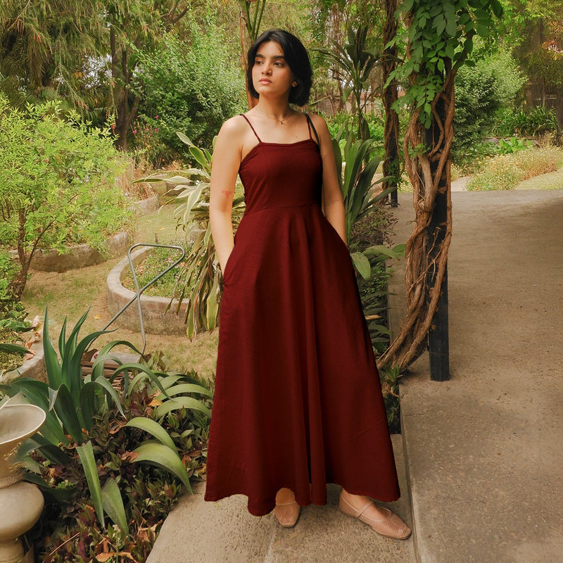 Maroon Handspun Cotton Ankle Length Flared Sundress