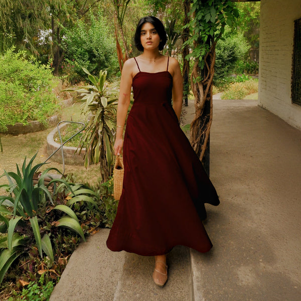 Maroon Handspun Cotton Ankle Length Flared Sundress