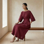 Maroon Handspun Cotton Boat Neck Maxi Dress with Kimono Sleeves