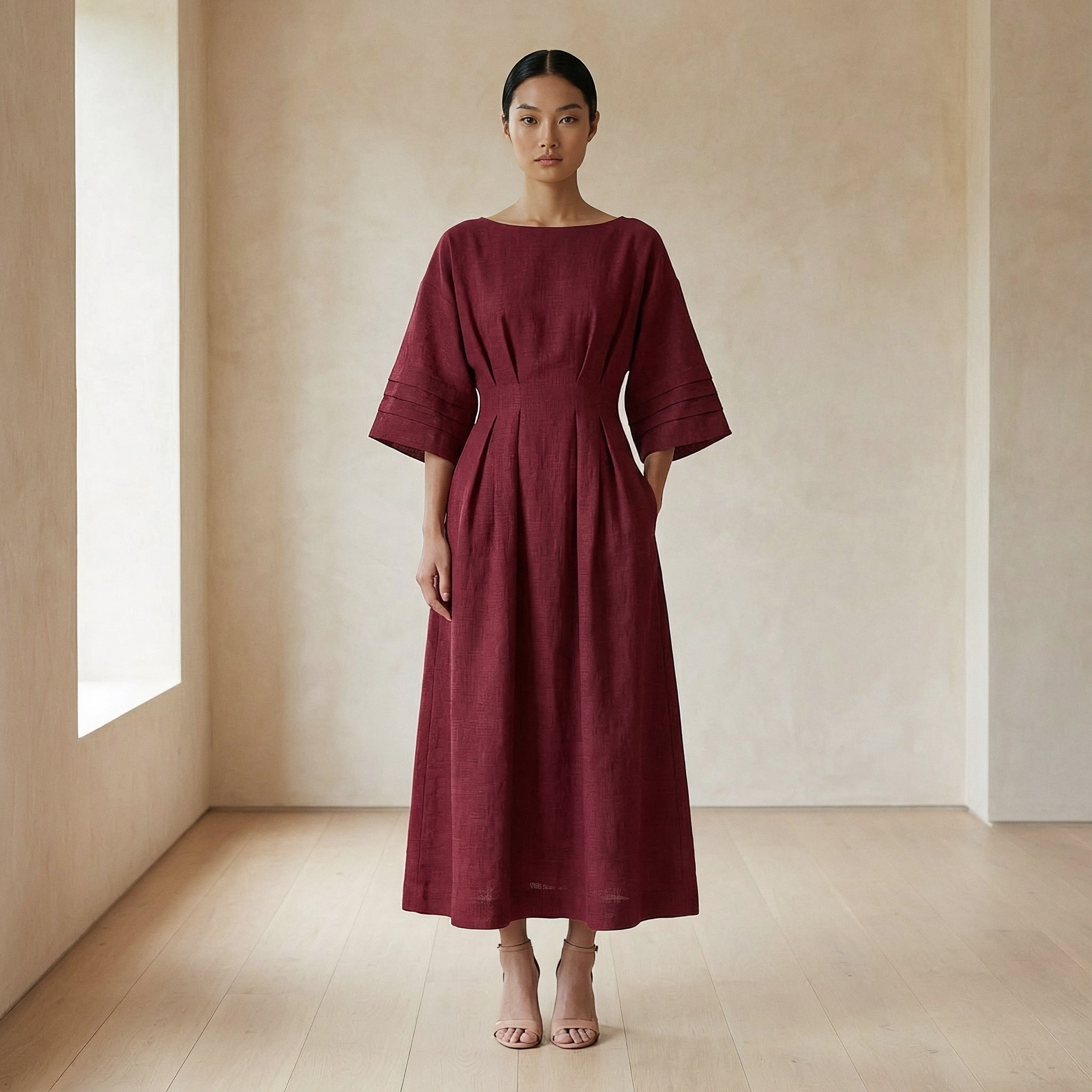 Maroon Handspun Cotton Boat Neck Maxi Dress with Kimono Sleeves