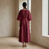 Maroon Handspun Cotton Boat Neck Maxi Dress with Kimono Sleeves