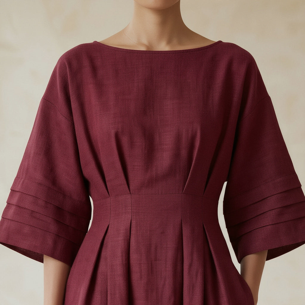 Maroon Handspun Cotton Boat Neck Maxi Dress with Kimono Sleeves