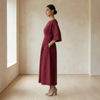 Maroon Handspun Cotton Boat Neck Maxi Dress with Kimono Sleeves
