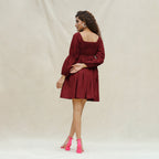 Maroon Handspun Cotton Bohemian Gathered Short Dress