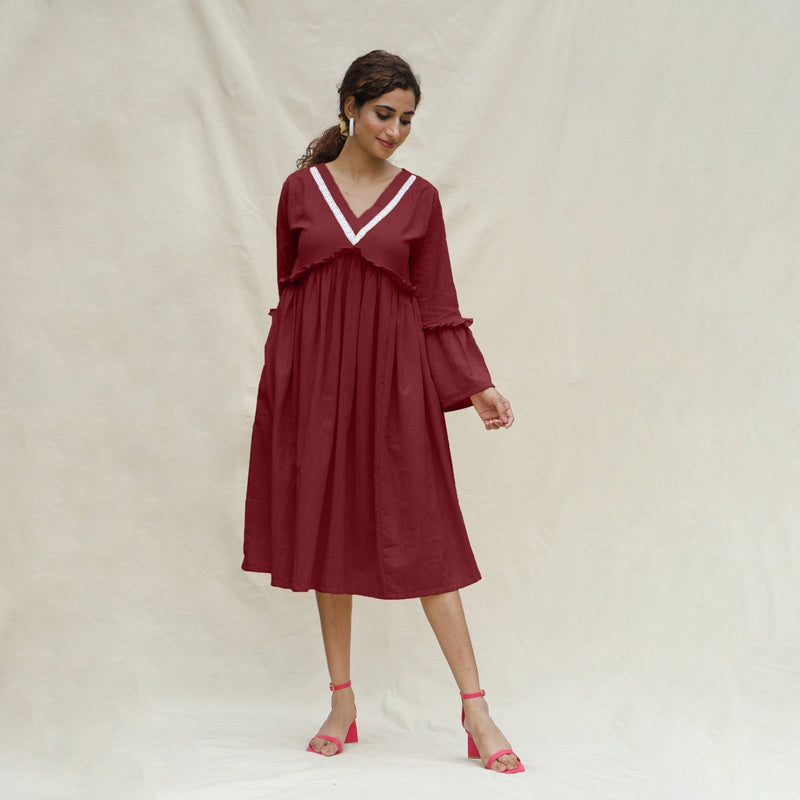 Maroon Handspun Cotton Bohemian Midi Dress