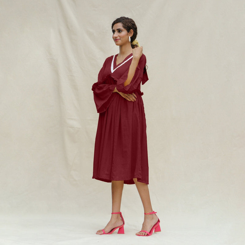Maroon Handspun Cotton Bohemian Midi Dress