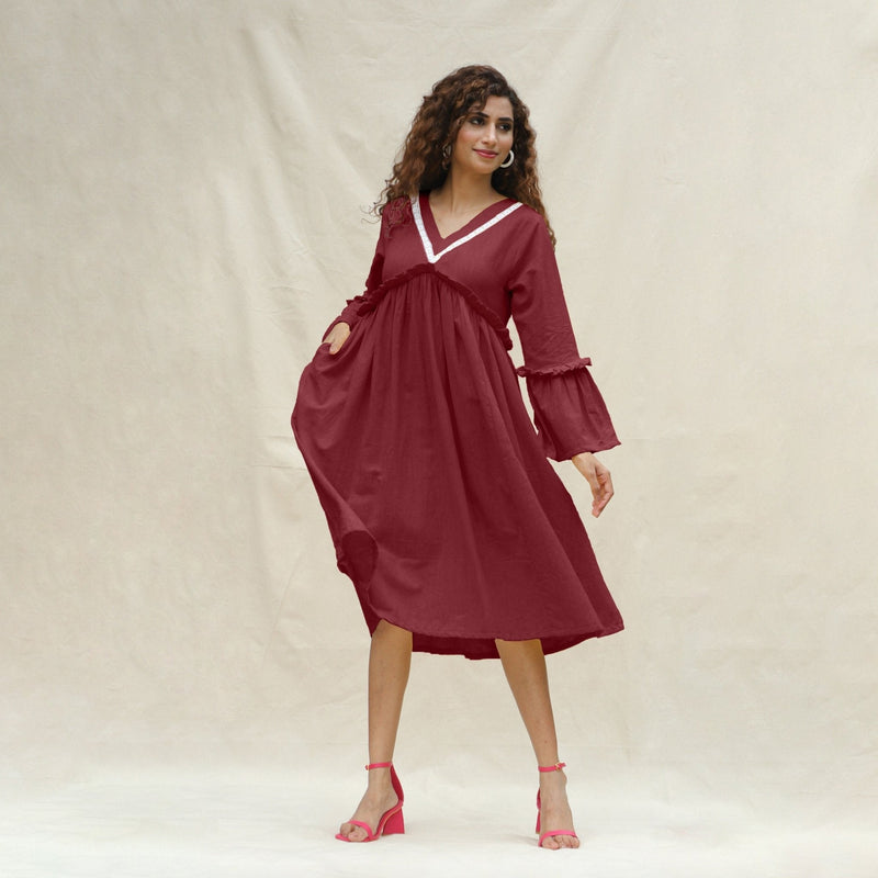 Maroon Handspun Cotton Bohemian Midi Dress