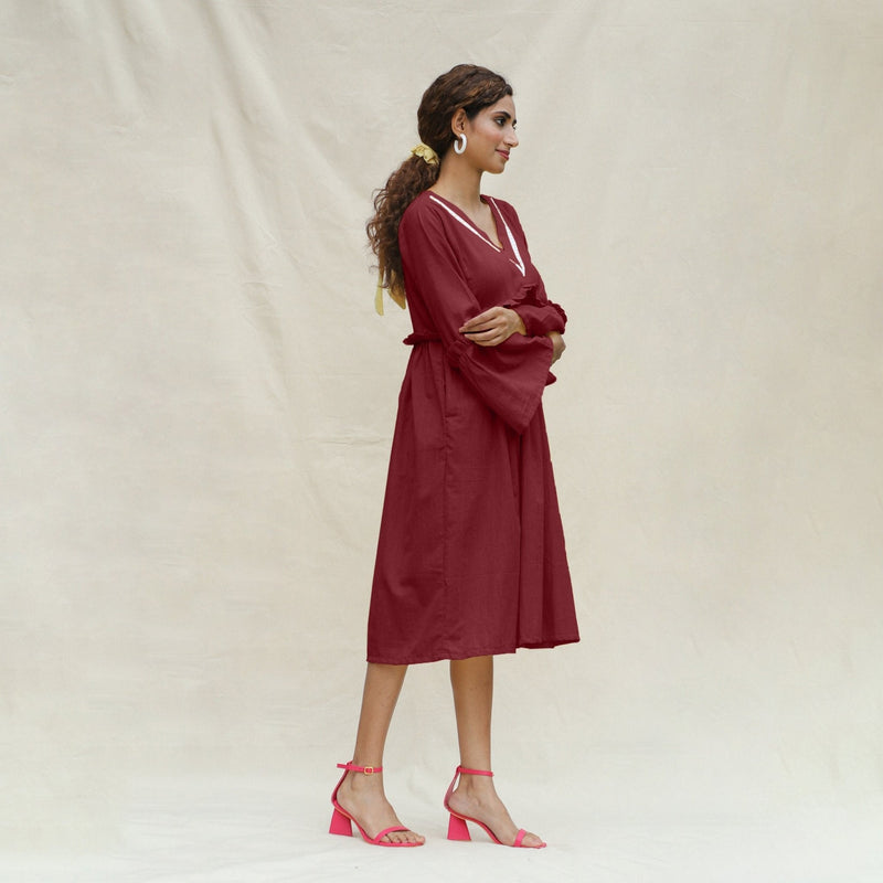 Maroon Handspun Cotton Bohemian Midi Dress