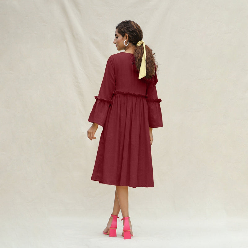 Maroon Handspun Cotton Bohemian Midi Dress