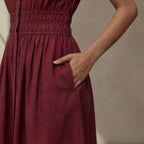 Maroon Handspun Cotton Button-Down Midi Shirt Dress