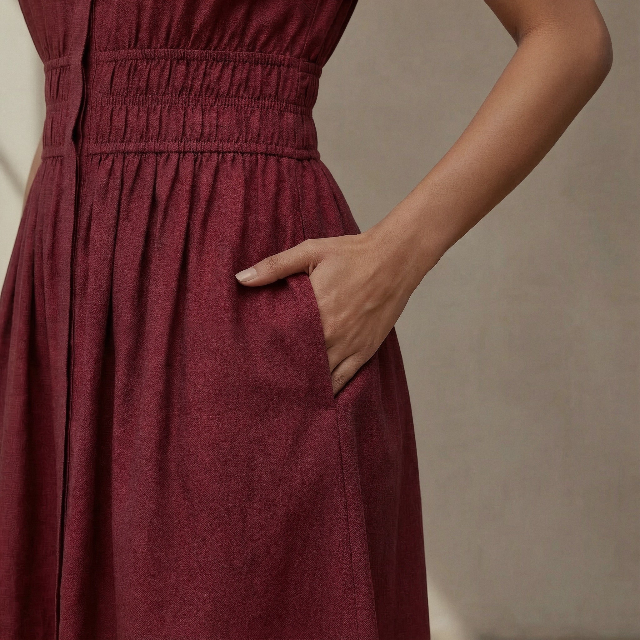 Maroon Handspun Cotton Button-Down Midi Shirt Dress