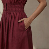 Maroon Handspun Cotton Button-Down Midi Shirt Dress