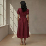 Maroon Handspun Cotton Button-Down Midi Shirt Dress