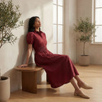 Maroon Handspun Cotton Button-Down Midi Shirt Dress