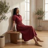 Maroon Handspun Cotton Button-Down Midi Shirt Dress