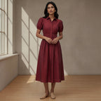 Maroon Handspun Cotton Button-Down Midi Shirt Dress