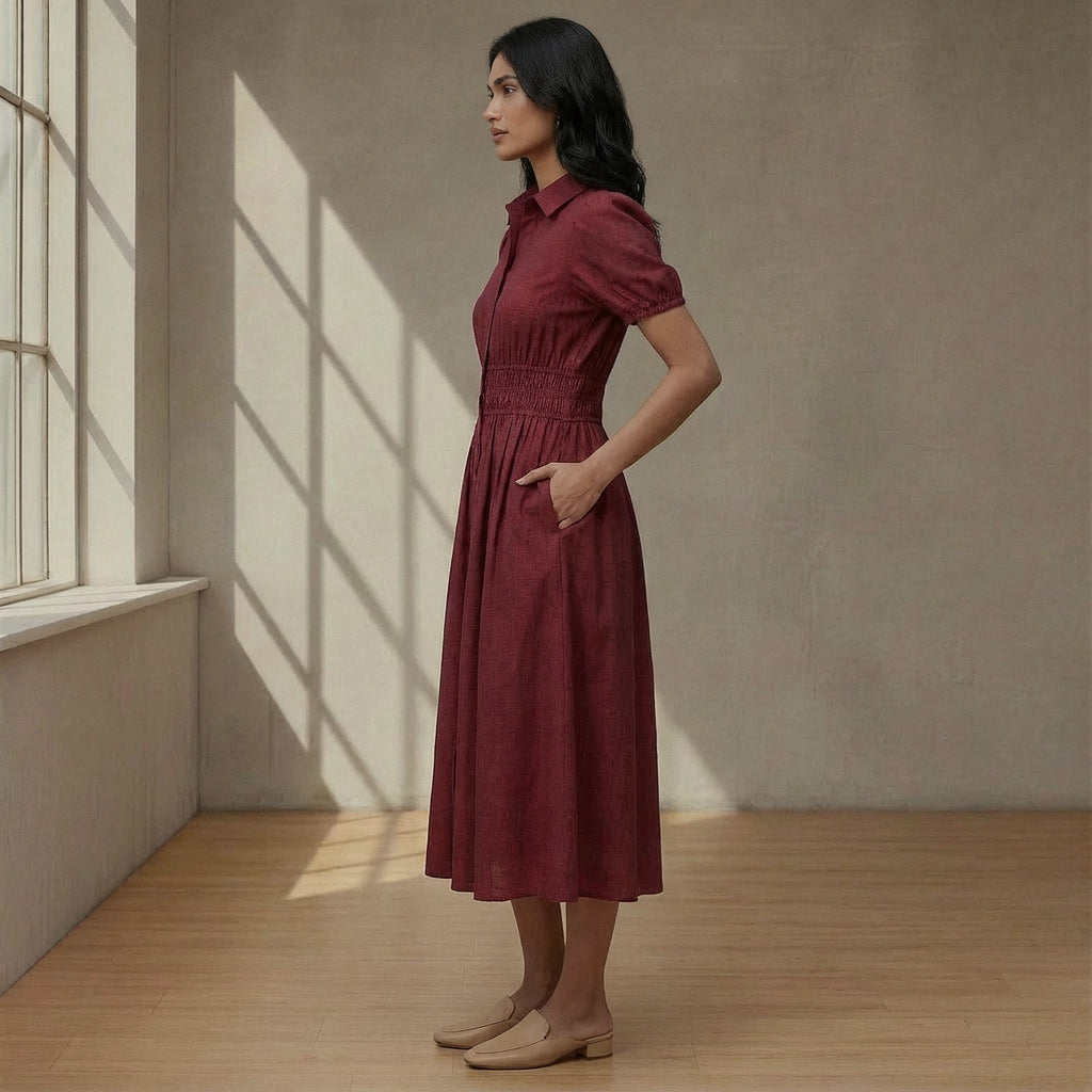 Maroon Handspun Cotton Button-Down Midi Shirt Dress